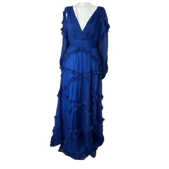 Mac Duggal 68223 Cascaded Ruffle Bishop Puff Sleeve A Line Gown Blue Sz 10 NEW - Picture 6 of 9